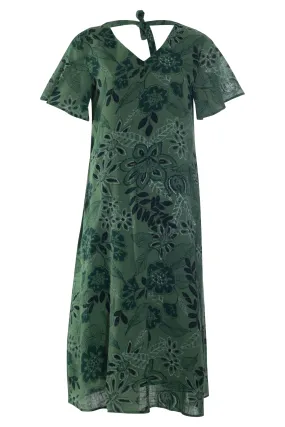 100% Printed Cotton V neck Dress | Green Leaf Sketch | 6277AR