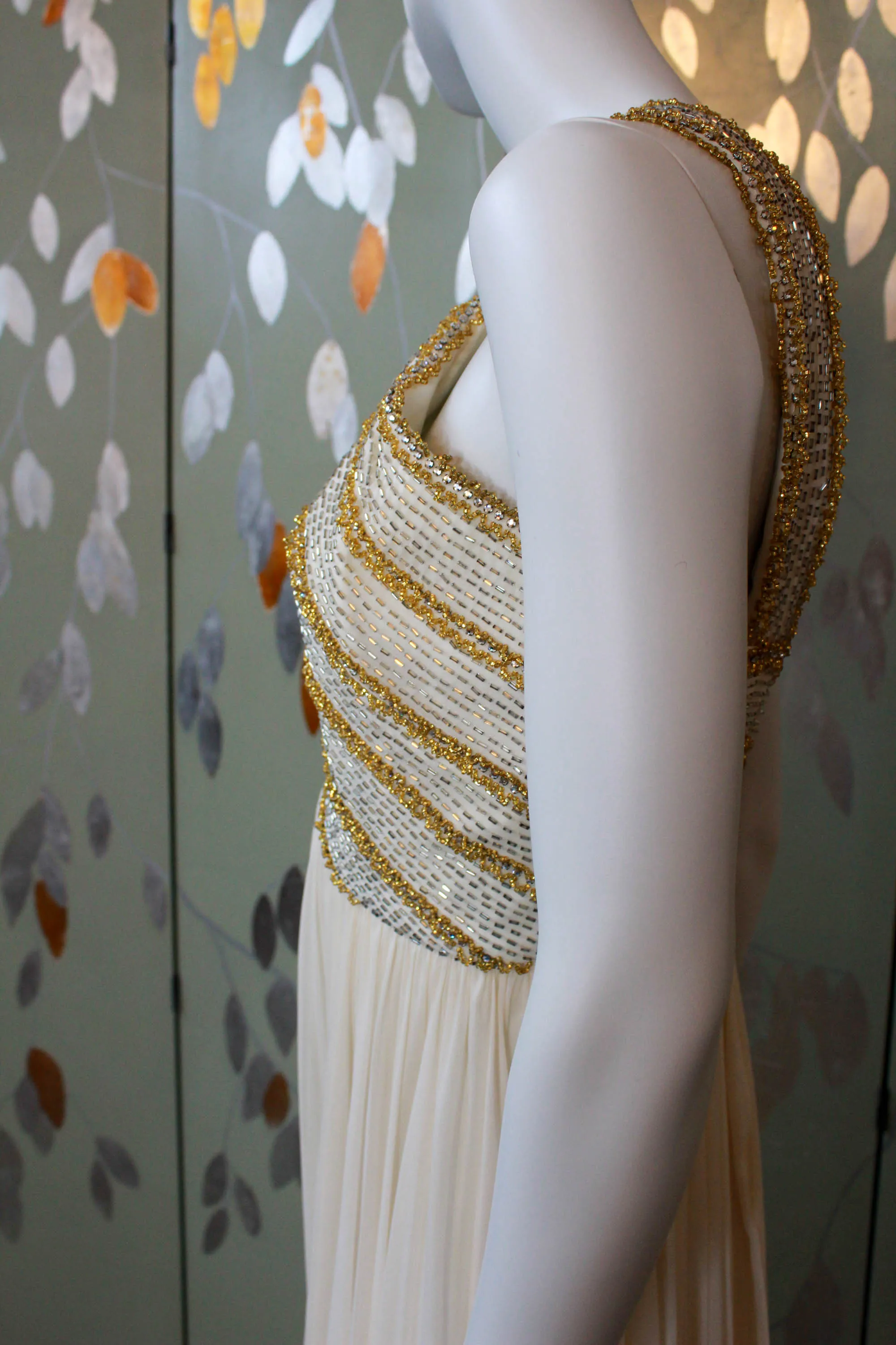 1960s Gold Beaded Cream Silk Chiffon Gown, Small