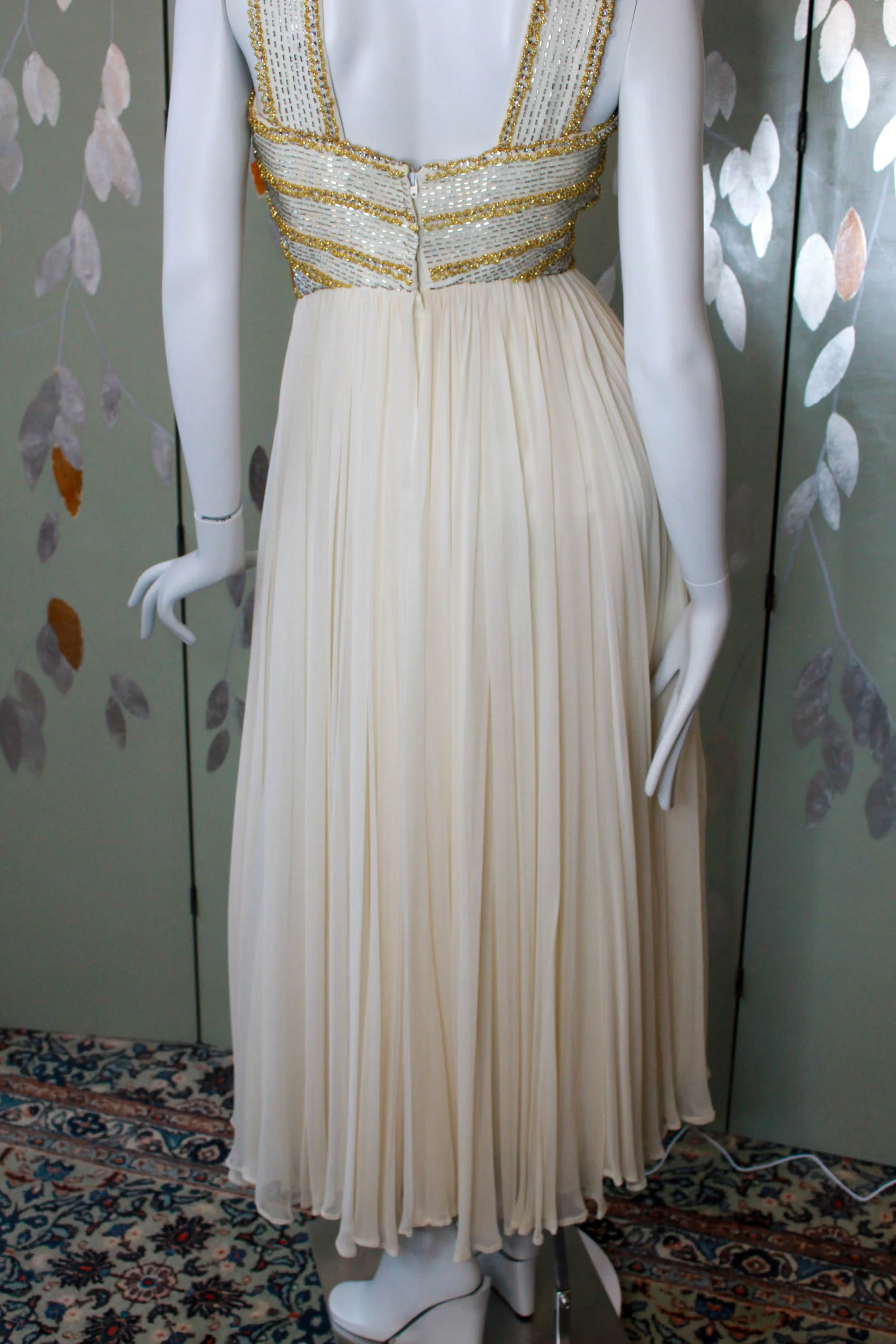 1960s Gold Beaded Cream Silk Chiffon Gown, Small