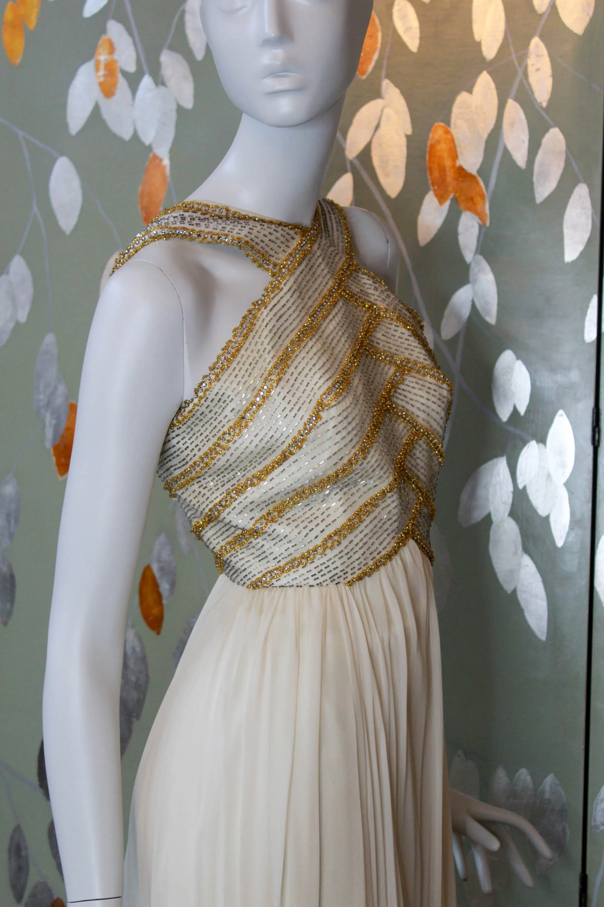 1960s Gold Beaded Cream Silk Chiffon Gown, Small