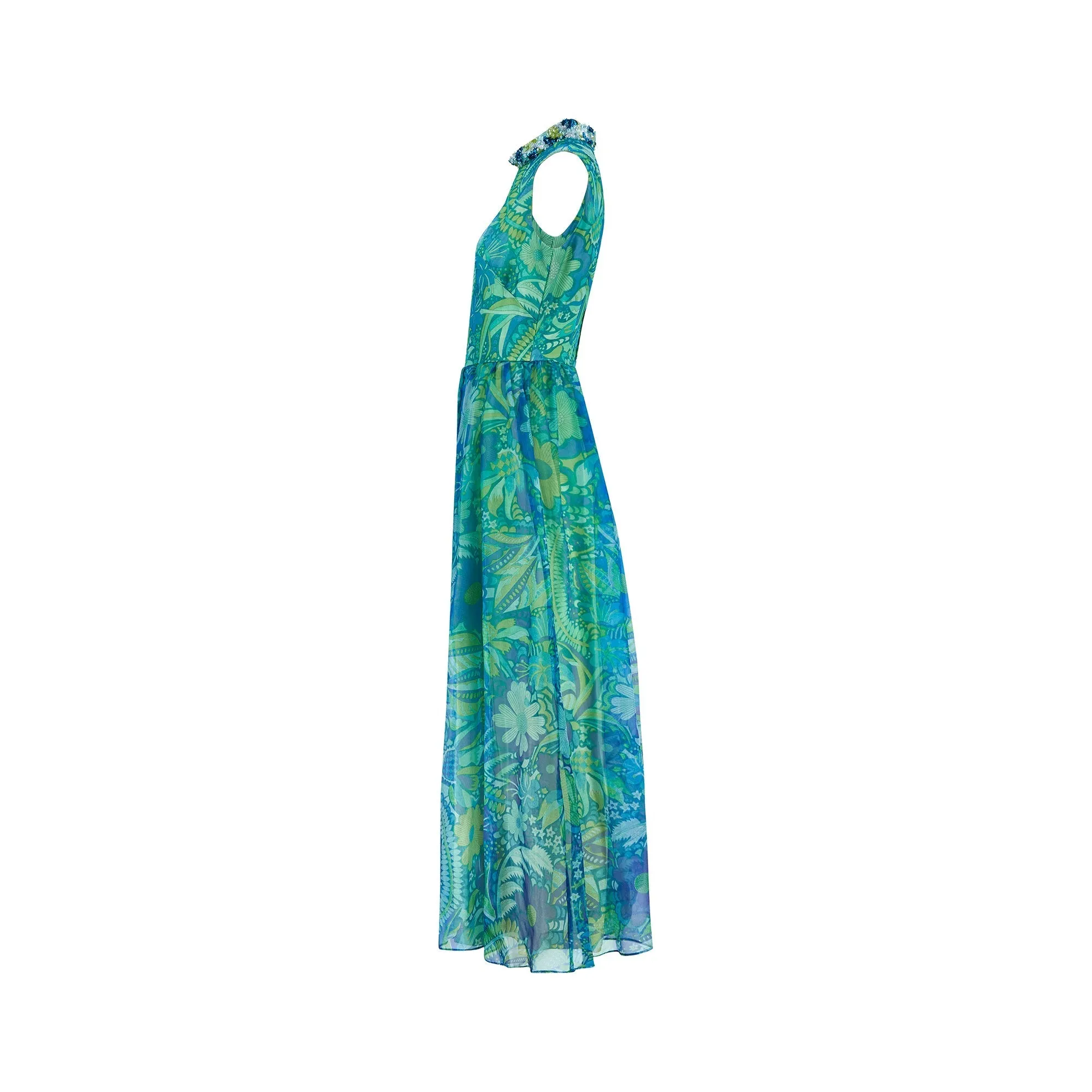 1960s Polmarks Green and Blue Sequinned Georgette Floral Jumpsuit