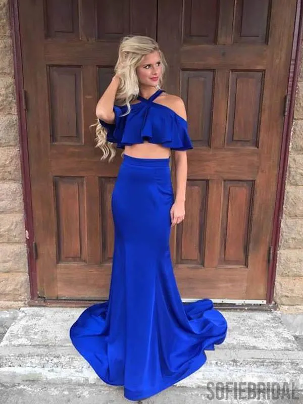 2 pieces Halter Long Mermaid Royal Blue Prom Dresses, PD0802