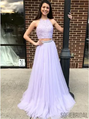 2 Pieces Lace Tulle Prom Dresses, Beaded Prom Dresses, Lilac Prom Dresses, Prom Dresses, PD0608