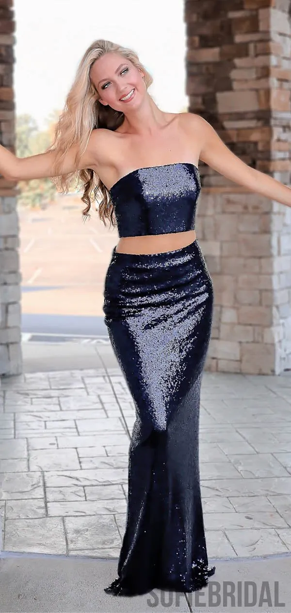 2 Pieces Navy Sequin Long Mermaid Strapless Prom Dresses, PD0800