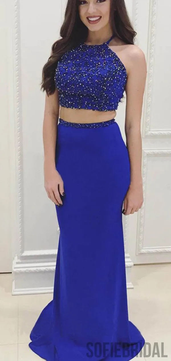 2-Pieces Royal Blue Beaded Cheap Popular Prom Dresses, PD0869