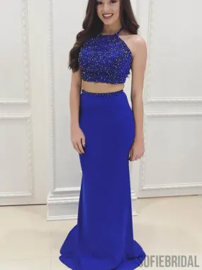 2-Pieces Royal Blue Beaded Cheap Popular Prom Dresses, PD0869