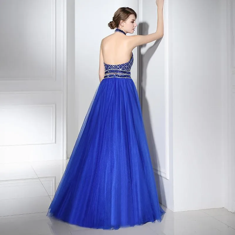 2 Pieces Royal Blue Long Prom Dresses Beaded A-Line Evening Dresses Halter Backless Formal Dresses,LX396