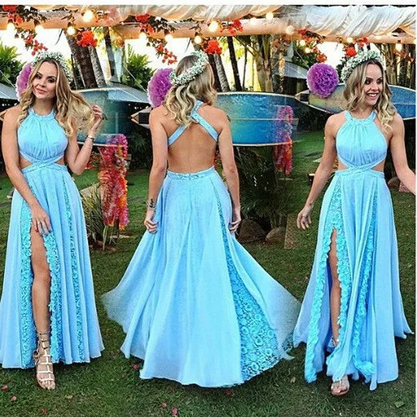 2017 Charming Baby Blue Prom Dresses,Halter Split Prom Dress with Lace,SVD428