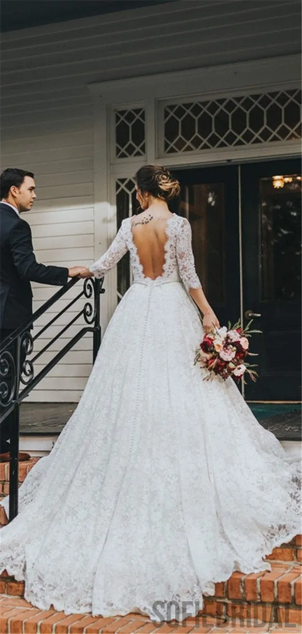 A-line 3/4 Sleeves V-back Full Lace Elegant Wedding Dresses, WD0308