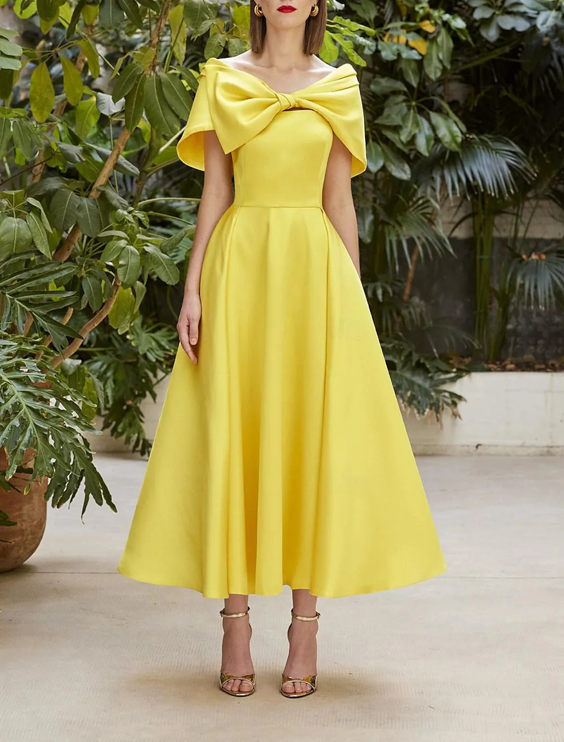 A-Line Cocktail Dresses Elegant Dress Wedding Cocktail Party Tea Length Short Sleeve Off Shoulder Italy Satin with Bow(s)