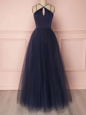 A Line Cross Neck Open Back Dark Navy Blue Prom Dress,Dark Navy Blue Tulle Long Formal Evening Dress