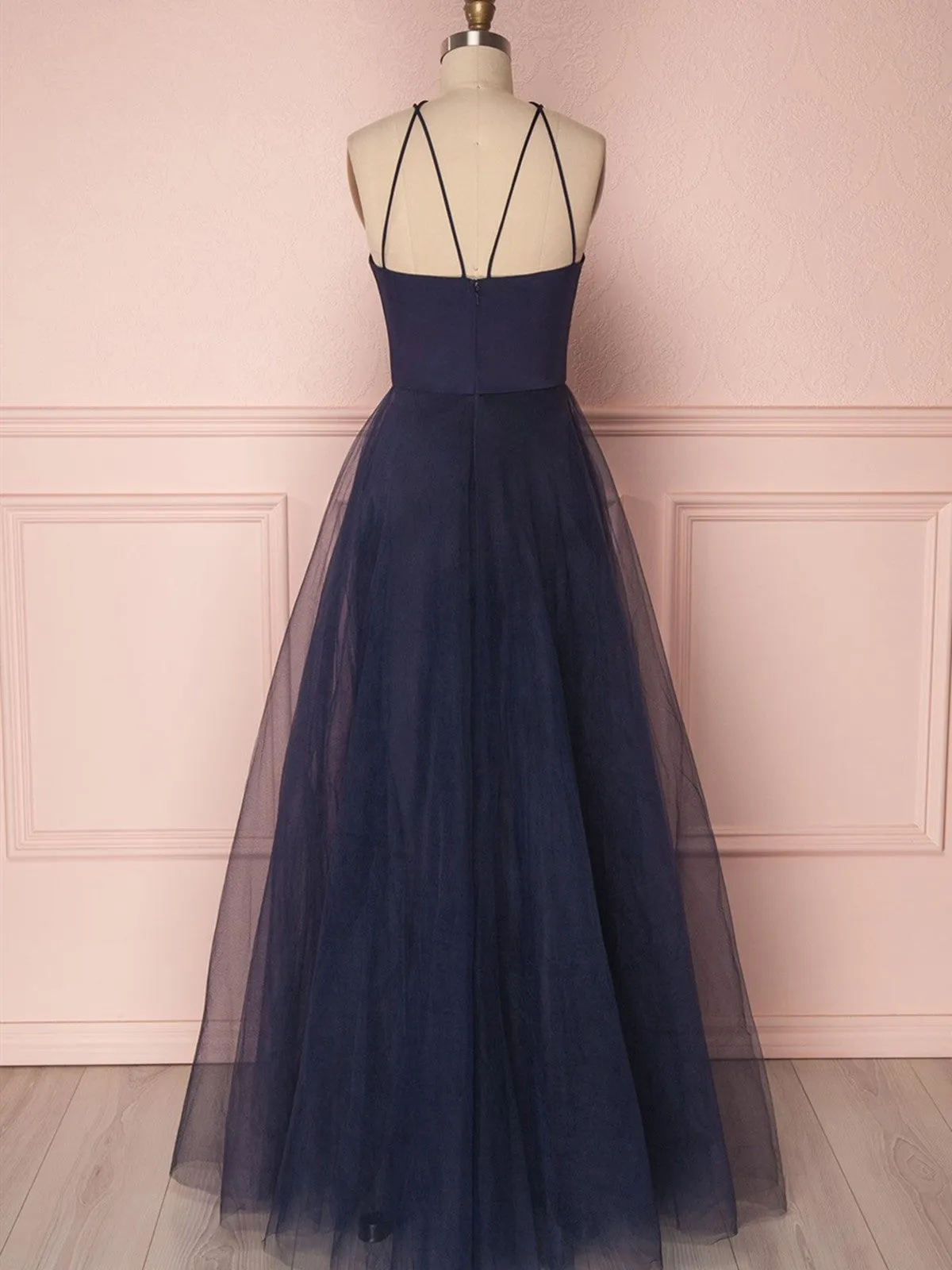 A Line Cross Neck Open Back Dark Navy Blue Prom Dress,Dark Navy Blue Tulle Long Formal Evening Dress