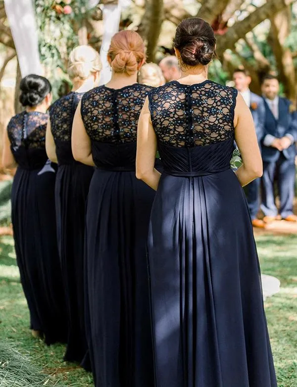 A-line Floor-length Navy Blue Long Chiffon Bridesmaid Dress, BD1004