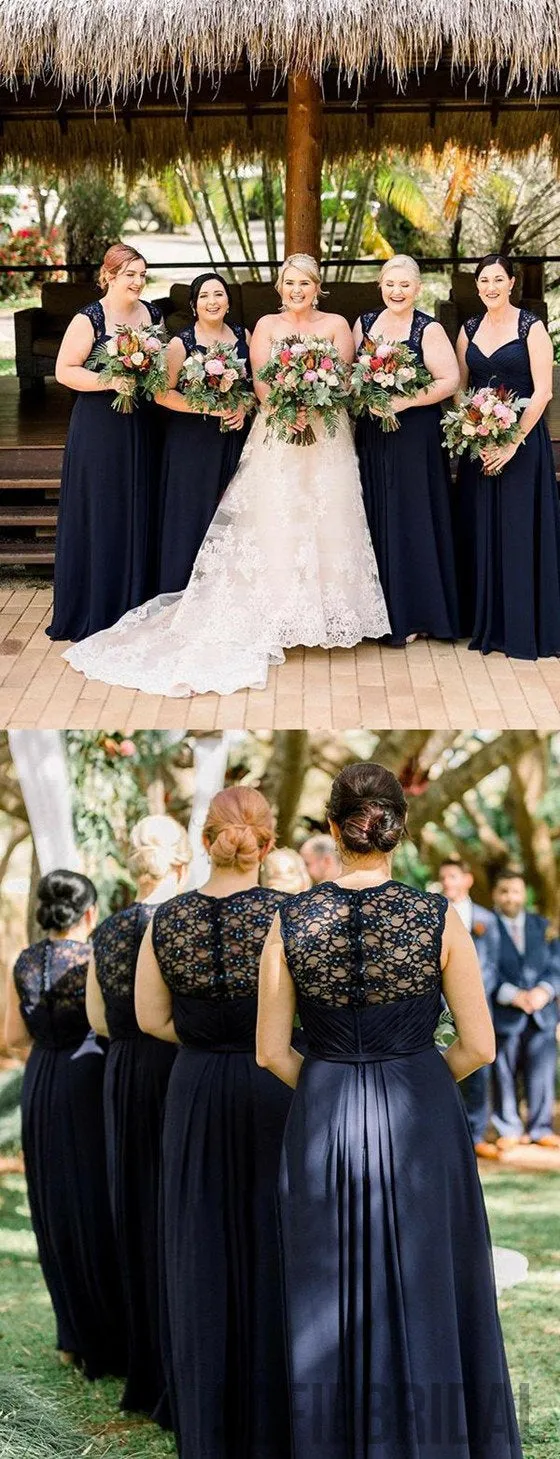 A-line Floor-length Navy Blue Long Chiffon Bridesmaid Dress, BD1004