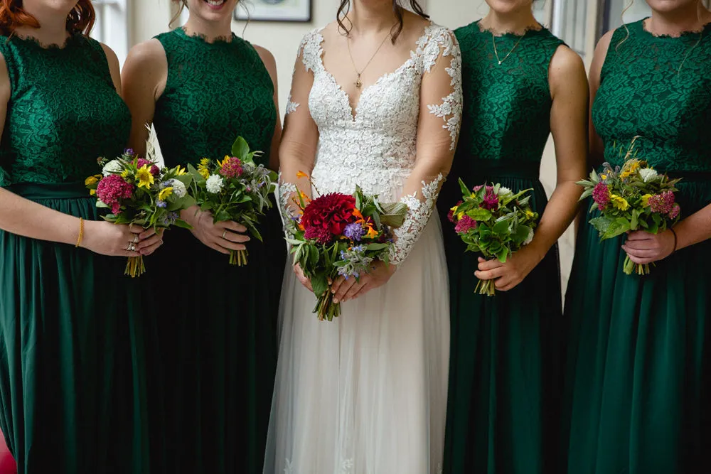 A-line Green Tulle Top Lace Long Cheap Bridesmaid Dresses, BDS0097