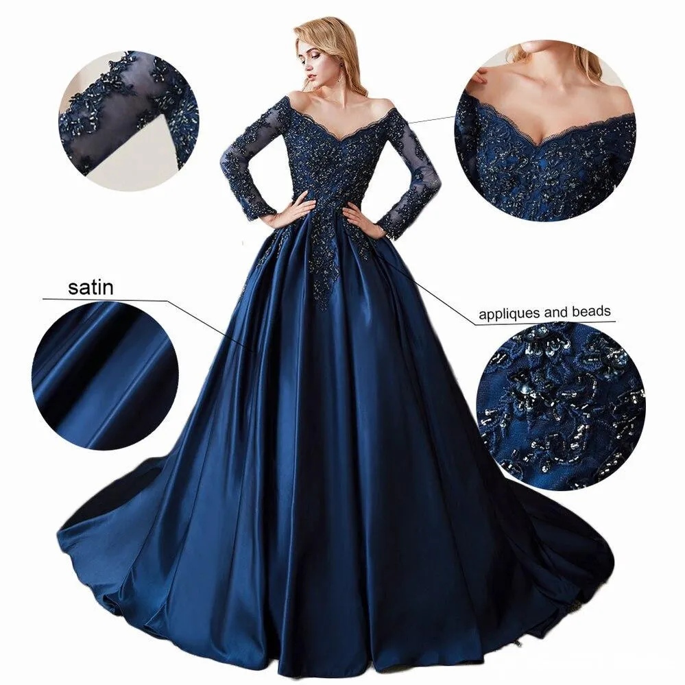 A-line Long Sleeves Blue Long Party Prom Dresses Online,Dance Dresses,12558