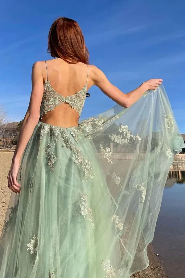 A Line Mint Green Tulle Prom Dresses With Appliques,BD93355