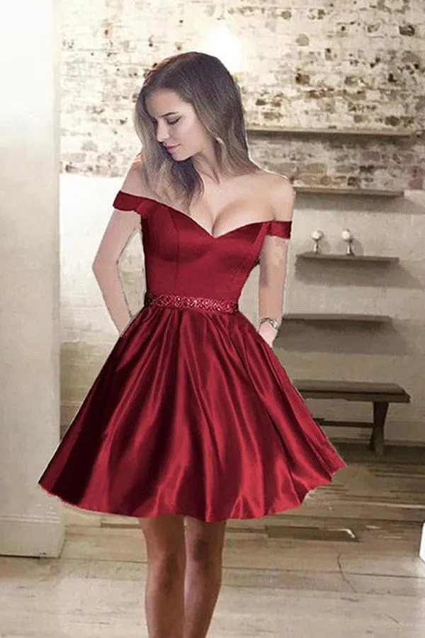 A line Off Shoulder Homecoming Dress,Satin Cheap Short Prom Dresses, SH81