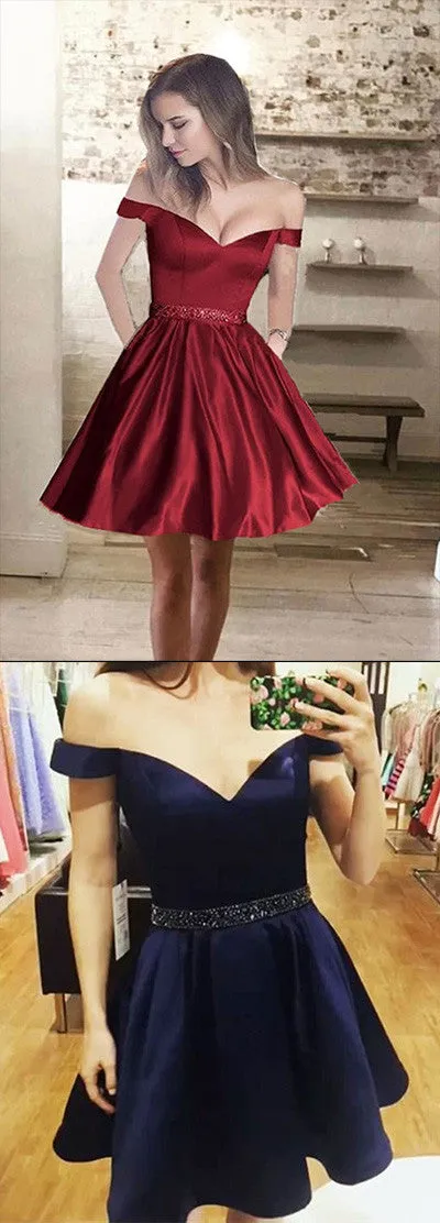 A line Off Shoulder Homecoming Dress,Satin Cheap Short Prom Dresses, SH81