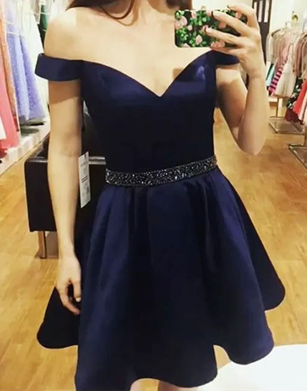 A line Off Shoulder Homecoming Dress,Satin Cheap Short Prom Dresses, SH81