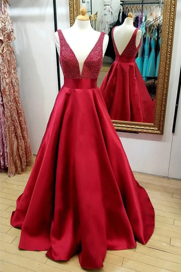 A Line Red V-Neck Quinceanera Dresses  Beading Backless Cheap  Long Prom Dress M219