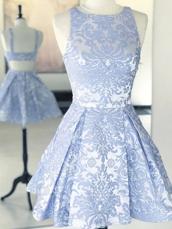 A Line Round Neck Open Back Short Blue Lace Prom, Short Blue Lace Formal Homecoming Graduation