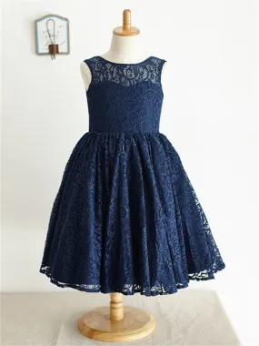 A-line See-though Full Navy Blue Lace Flower Girl Dresses With Bow, FG0147