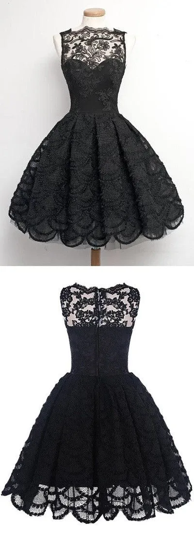 A-Line Sleeveless Scalloped-Edge Vintage Black Lace Prom Homecoming Dress, SH35