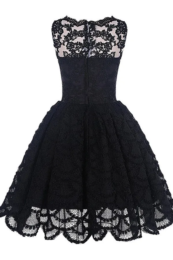 A-Line Sleeveless Scalloped-Edge Vintage Black Lace Prom Homecoming Dress, SH35