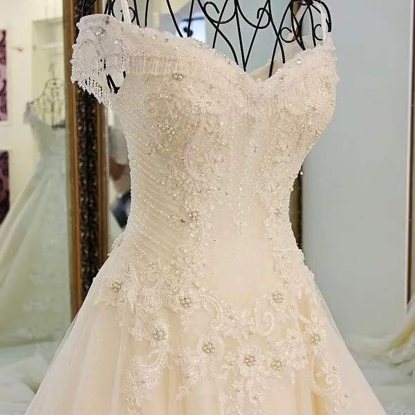 A-line Spaghetti Strap Cathedral Train Tulle Lace Beaded Wedding Dresses ASD2626