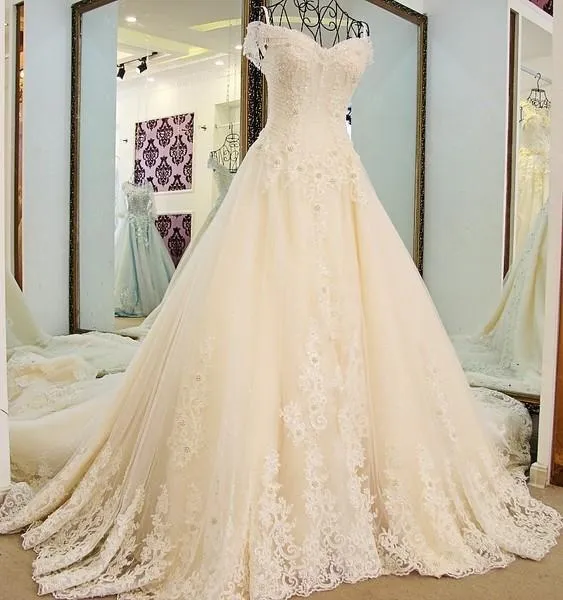 A-line Spaghetti Strap Cathedral Train Tulle Lace Beaded Wedding Dresses ASD2626