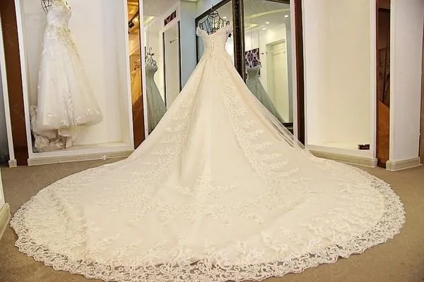 A-line Spaghetti Strap Cathedral Train Tulle Lace Beaded Wedding Dresses ASD2626