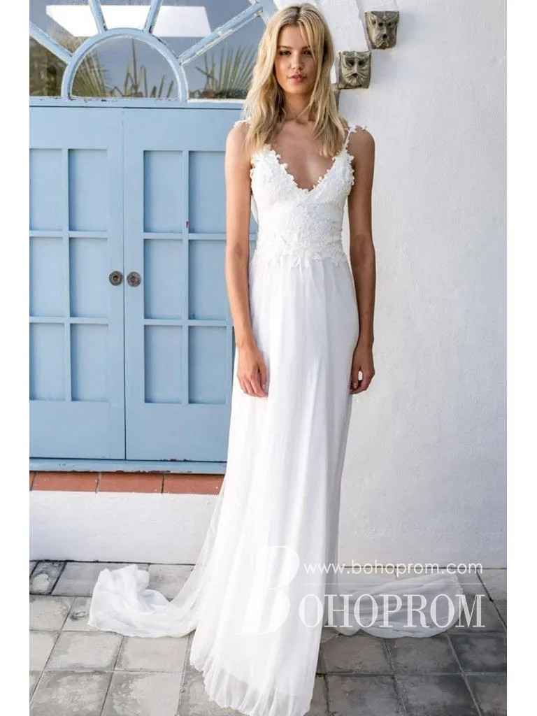 A-line Spaghetti Strap Sweep Train Chiffon Lace Wedding Dresses SWD023