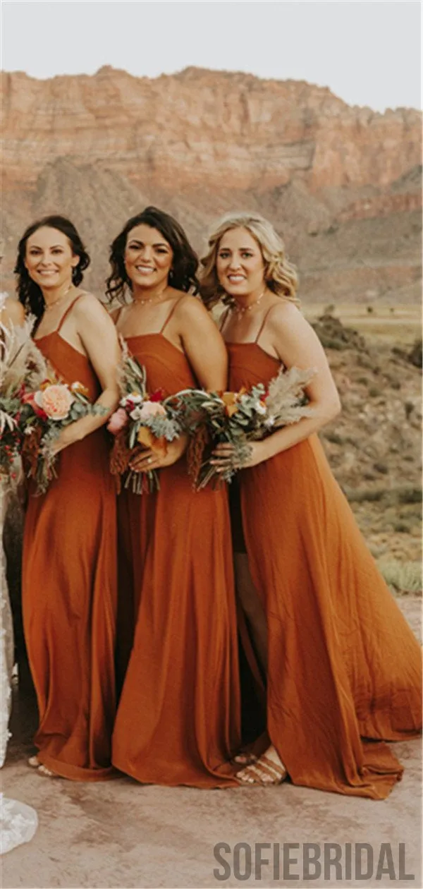 A-line Spaghetti Straps Long Bridesmaid Dresses With Split, BD1068