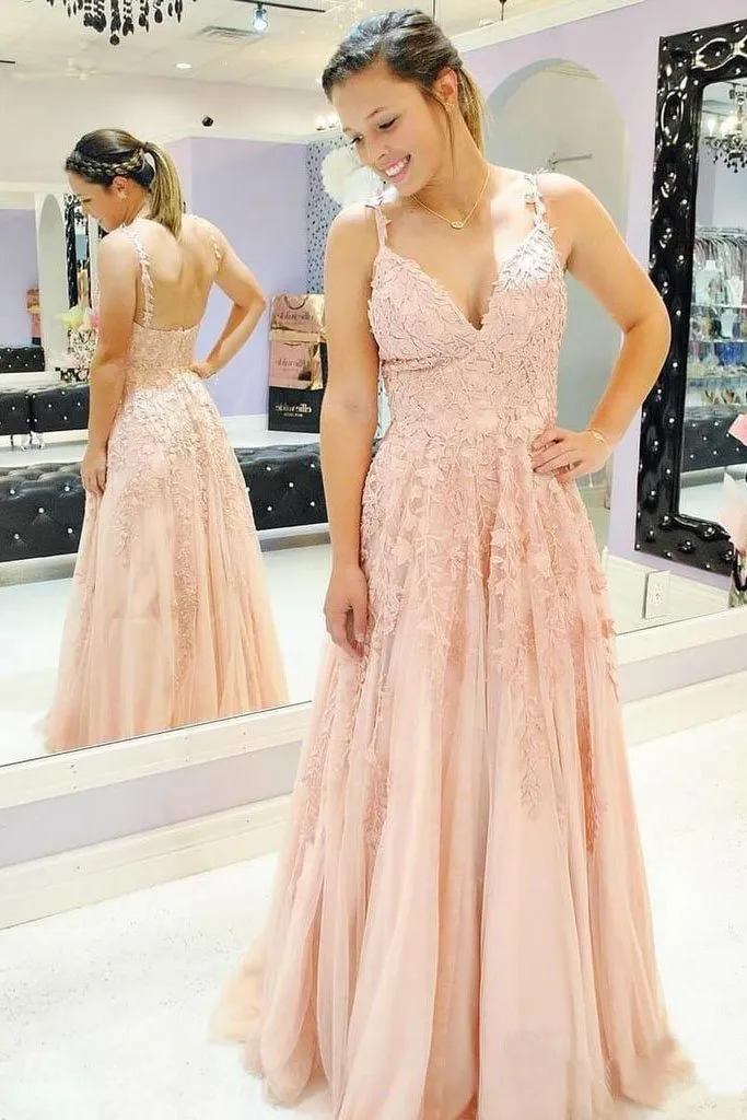 A Line Spaghetti Straps Prom Dresses V Neck Lace Appliques Evening Dresses,BS018