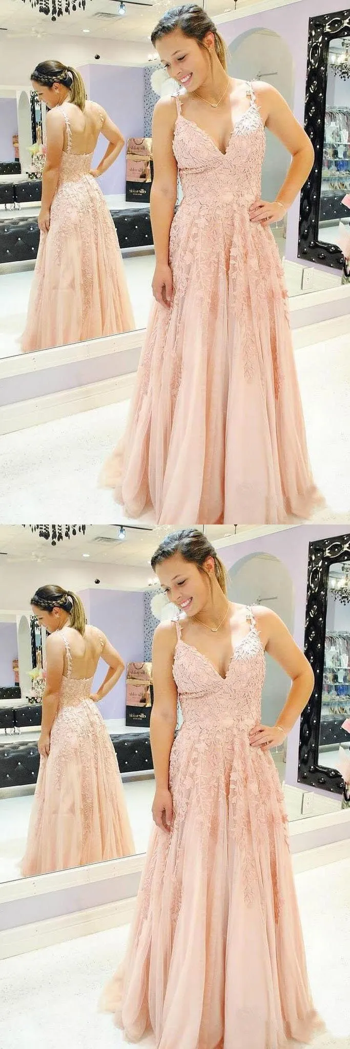 A Line Spaghetti Straps Prom Dresses V Neck Lace Appliques Evening Dresses,BS018