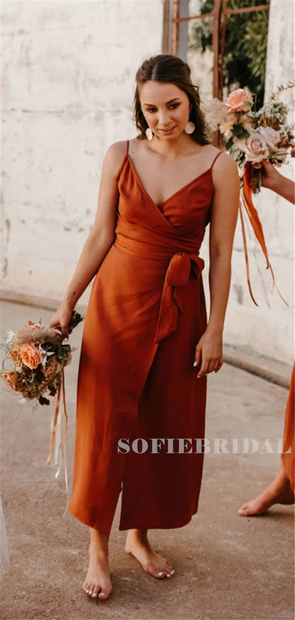 A-line Spaghetti Straps V-neck Long Belt Bridesmaid Dresses With Split, BD1110