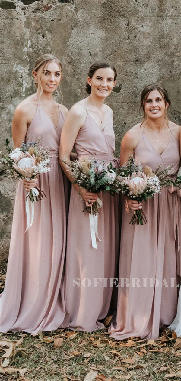 A-line Spaghetti Straps V-neck Sleeveless Long Bridesmaid Dresses, BD1098