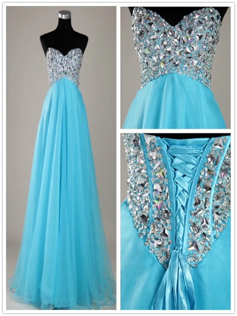 A Line Sweetheart Neck Blue Floor Length Long Prom Dresses, Formal Dresses