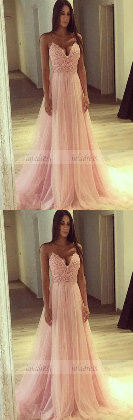 A line Tulle Party Dress,Spaghetti Straps Blush Pink Tulle Evening Dress,BD99472