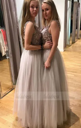 A-Line V-Neck Backless Floor-Length Light Grey Prom Dress with Beading,BD99546