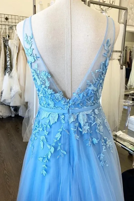 A Line V Neck Backless Lace Light Blue Long Prom, V Neck Backless Blue Formal, Backless Lace Blue Evening