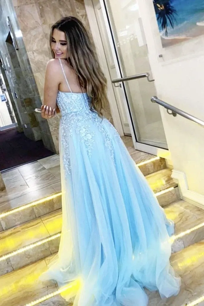 A Line V Neck Backless Light Blue Lace Long Prom Dresses, Light Blue Lace Long Formal Evening Dresses