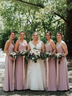 A-line V-neck Floor-length Straps Backless Long Chiffon Bridesmaid Dresses , BD1085