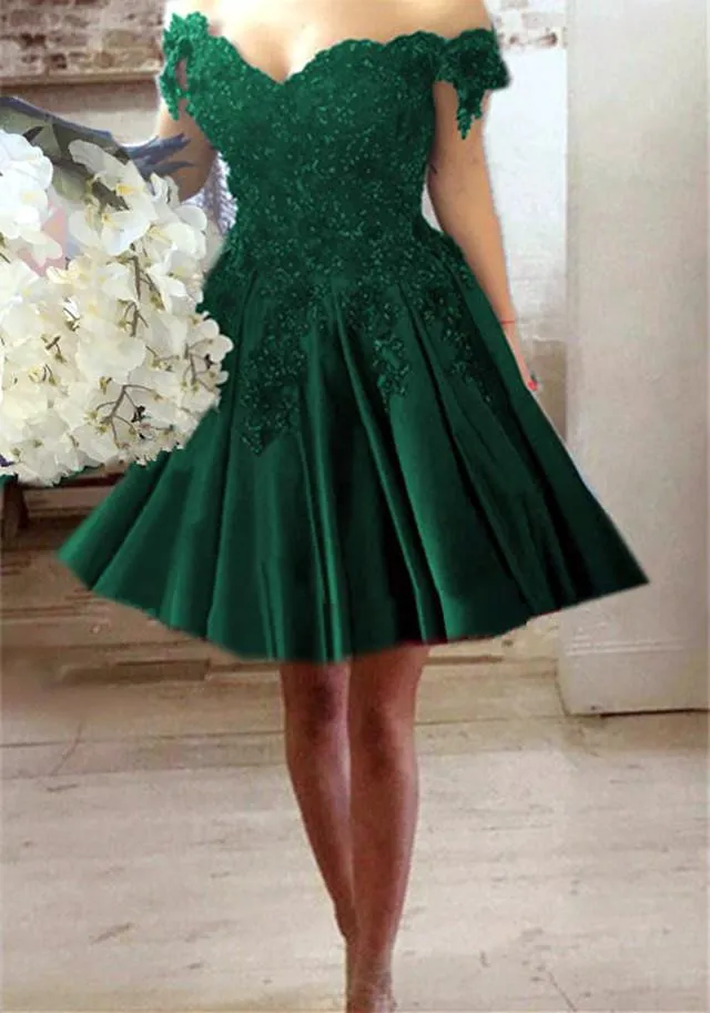 A-line V-neck Off Shoulder Lace Flower Beaded Prom Short Dresses For Homecoming