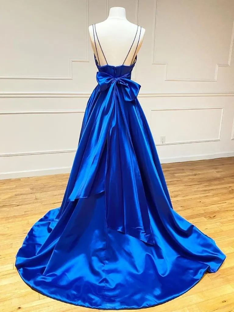 A Line V Neck Royal Blue Prom Dresses with bowknot, V Neck Royal Blue Formal Evening Dresses