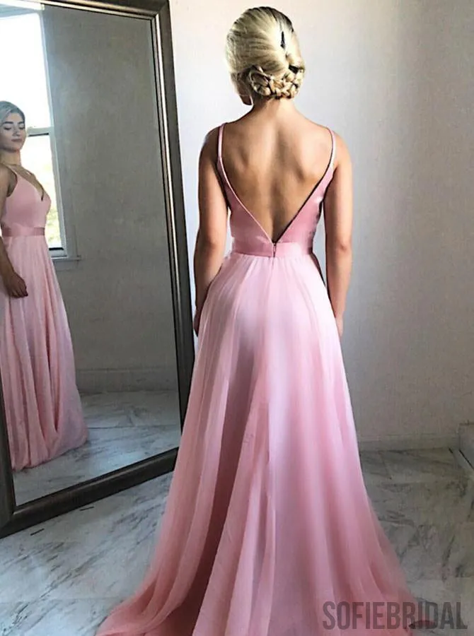 A-line V-neck Spaghetti Straps Pink Chiffon Prom Dress, PD0013