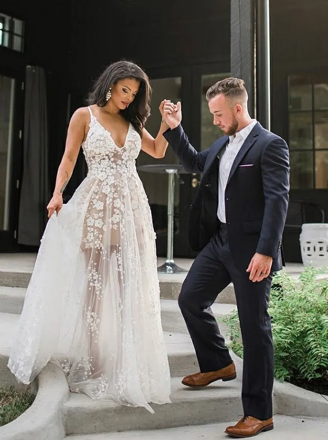 A-Line V-neck Sweep Train White Tulle Wedding Dress with Appliques, TYP1543