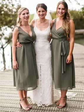 A-Line V-Neck Tea-Length Chiffon Bridesmaid Dresses With Belt, BD1056