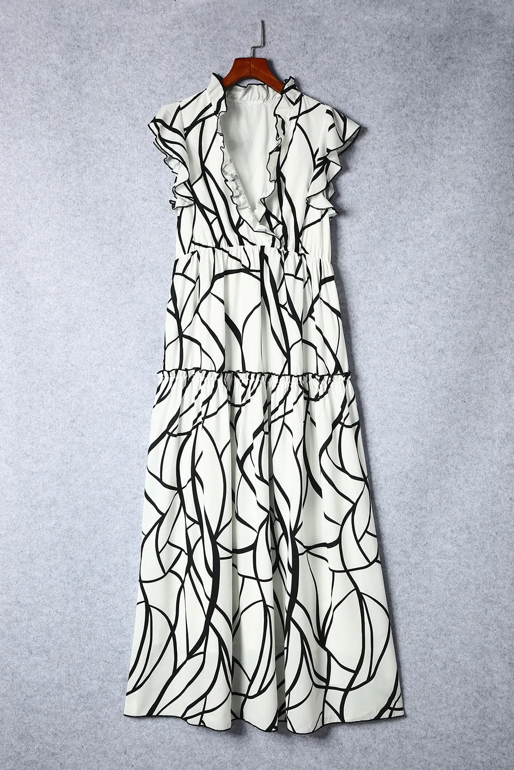 Abstract Vein V Neck Ruffle Maxi Dress